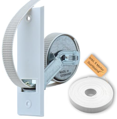 Rolladen Gurtwickler Unterputz Set | inkl. 5 m Gurtband & Abdeckung Weiß | Stahl Einlass-Gurtwickler für 23 mm Gurt | Verstellbar | Lochabstand 135 mm | HUB-FENSTER
