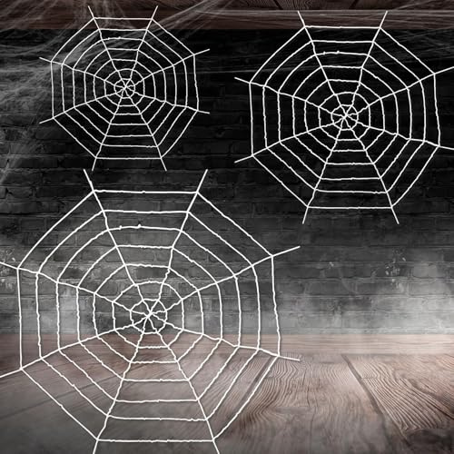 1.5M 2.5M 3.3M Spider Web 3 Pieces Large Halloween White Spider Web Decoration Scary Realistic Spider Web Rope Props with Elastic Rope for Halloween Yard Room Wall Window Door Haunted House Decoration