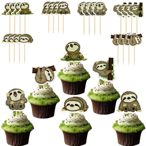 Silars 24 adornos para magdalenas de perezoso, decoración de cumpleaños, decoración de animales, decoración para cupcakes, decoración para decoración de animales, baby shower, cumpleaños, fiesta