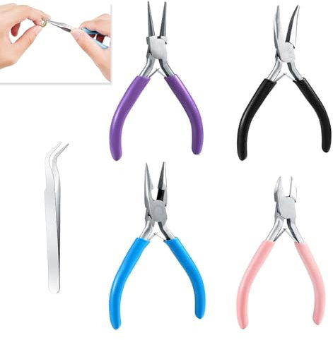 4 Pezzi Pinze per Creazione Gioielli, Pinze per Bigiotteria Inclusi Pinze a Naso Rotondo, Pinze a Naso a Catena Tagliafili e Pinze a Becco Piegato e Pinzette per Riparazione e Creazione di Bigiotteria
