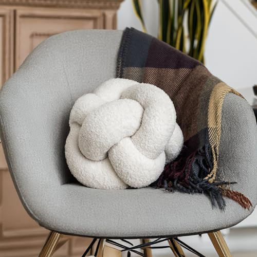 SAMIAH LUXE Vanilla Cream Teddy Boucle Knot Pillow Ball 12, Permanently Stitched Knotted Decorative Throw Pillow, Natural Kapok Fill, Round Accent Pillow for Couch Sofa Bed, Boho Home Decor