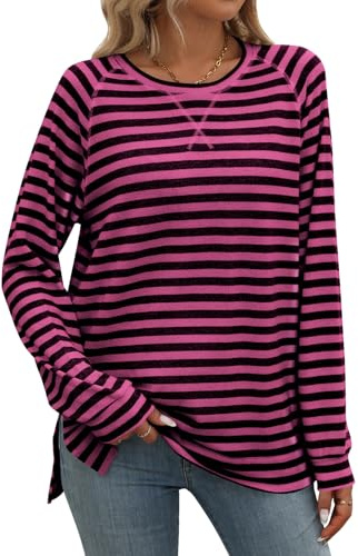 Flikity Striped Long Sleeve Tops Women Blouses Ladies Longline Tops | Crew Neck T Shirts Ladies Tunic Tops Trendy Casual Spring Autumn Winter Clothes M-XXL