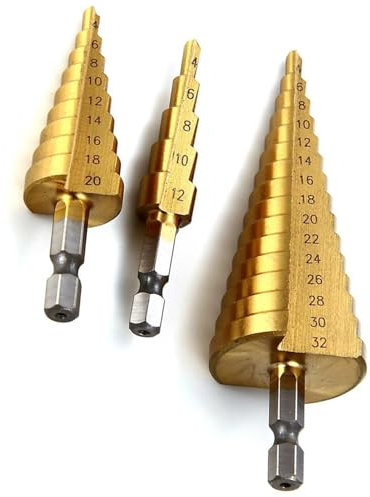 3 Pcs Large HSS Steel Step Cone Drill Bit Set - Titanium Bits for Metal, Wood, Plastic - Multi-Size Drill Bits - Ideal for DIY & Professional Use