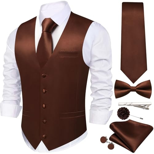 WSHOWY Herren-Weste, Krawatte, Fliege, Satin, V-Ausschnitt, einfarbig, Anzugweste, Manschettenknöpfe, Einstecktuch, formelle Hochzeit, Business, Smoking
