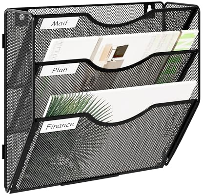 JEBELE 3 Fächer zusammensetzbarer Zeitschriftenhalter Zeitungshalter für Wand Büro Mesh Design A4 Dokumentenablage Büro Organisationsregal mit Etiketten Metall,Schwarz