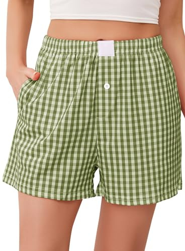 Lovasy Pantaloncini Donna Estivi Cotone Pantaloni del Pigiama Corti a Quadri Morbidi e Traspirante Pantaloni da Notte Pigiama Taglie Forti con Tasche,A-Verde,M