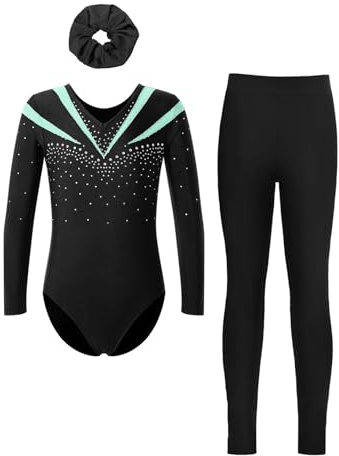 Nyeemya Turnanzug Mädchen Langarm Gymnastikanzug Kinder Strass Glitzer Trikot Streifen Patchwork Body Mit Hose Haarband Tanzkostüm Set 5-16 Jahre
