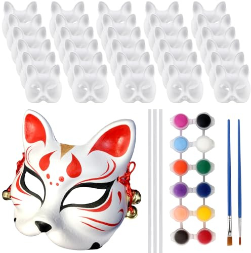 MAKTSAM 30 Stück weiße Blanko-Fuchsmasken, zum Selbermachen, unlackiert, Bastelmasken mit Zubehör, reinweiße Graffiti-Masken für Cosplay, Halloween, Tanzparty