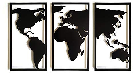 Decorizzly® Geometrische 3-Teilige Weltkarte 120cm x 68cm, Metall Wanddeko, Moderne und Einzigartige Wanddekoration, Hauptzusatz, 3D-Dekoration magnetisch (Triptychon-Karte)