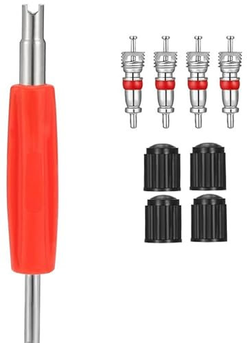 GQunit Attrezzo Smonta Valvole，1 Chiave a Doppio Uso, 4 Tubi Argentati con Rivestimento Rosso e 4 Cappucci Valvola
