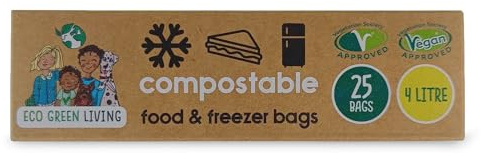 Eco Green Living 4L Compostable Food & Freezer Bags, Eco Friendly, BPA Free, Plant-Based, Biodegradable Food Storage Bags for Meat, Vegetables & Fruit, Food Prep, 25 Bags