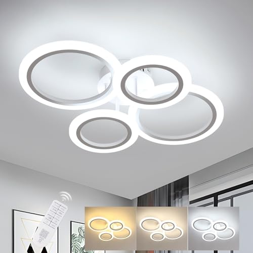 Goeco LED Deckenlampe, 57CM 32W 3600LM 4-Ringe Deckenleuchte Dimmbar Mit Fernbedienung APP 3000-6500K Einstellbare Helligkeit Memory-Funktion Runde Deckenbeleuchtung für Schlafzimmer Wohnzimmer, Weiß