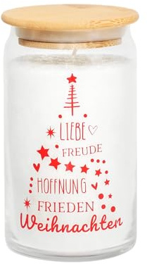 Candle Factory Motivkerze aus pflanzlichem Stearin mit Holzdeckel und stylischem Motiv, bis zu 65h Brennzeit, Duft: Zimt-Orange Motiv: Weihnachten
