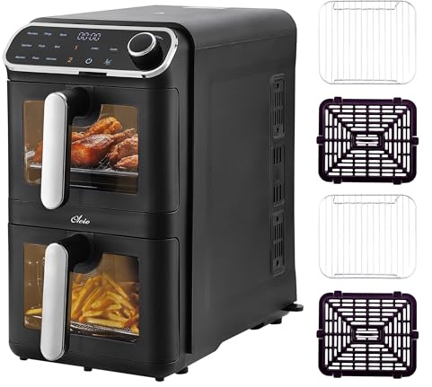 Oleio Maestro Airfryer Doppelkammer XXL Heißluftfritteuse 2 Kammern I 2460 W - Heißluftfritteuse mit Glas Sichtfenster I 11 L I Antihaftbeschichtung I spülmaschinenfest I platzsparend I energiesparend