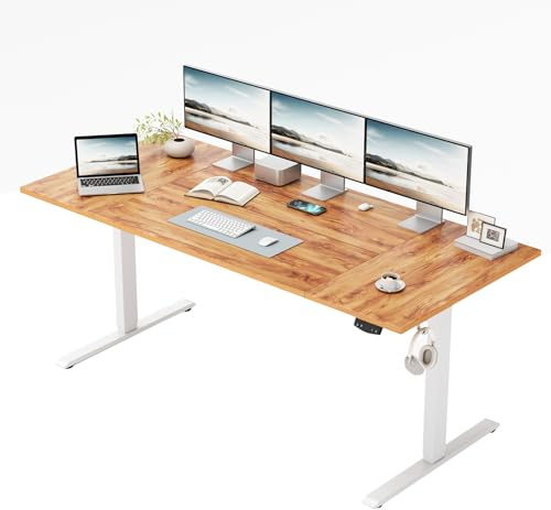 Klicelor Höhenverstellbarer Schreibtisch 140x80 cm mit 2 Speicherplätzen | Schreibtisch elektrisch, Stehschreibtisch mit Kollisionsschutz, 70 kg Tragkraft, Computertisch für Homeoffice, Hellbraun