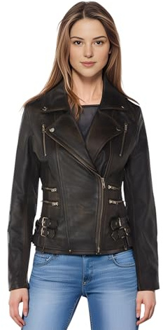 Infinity Leather Veste Motard en Cuir Véritable Nappa D'Agneau Noir Vintage Pour Femme, Style Gothique Vintage, Avec Boucle