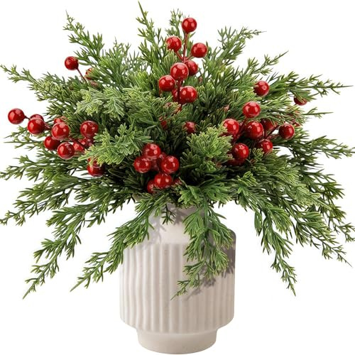 Solihigh 35 Pcs Christmas Artificial Pine Branches with Red Berry Stems, Fake Foliage Pine Needles Picks for Christmas Tree Wreath Garland DIY Crafts Holiday Home
