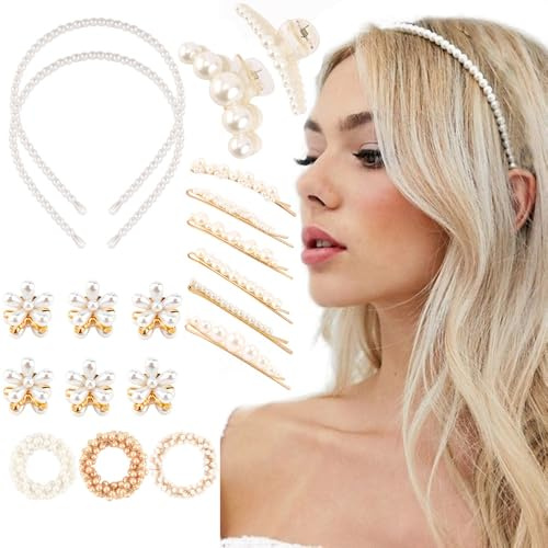 Ahoney 19Pcs Pearl Headband Hair Clips Hair Ties Hair Pins Pack, Pearls White Headbands for Bridal Wedding Hair Accessories for Women