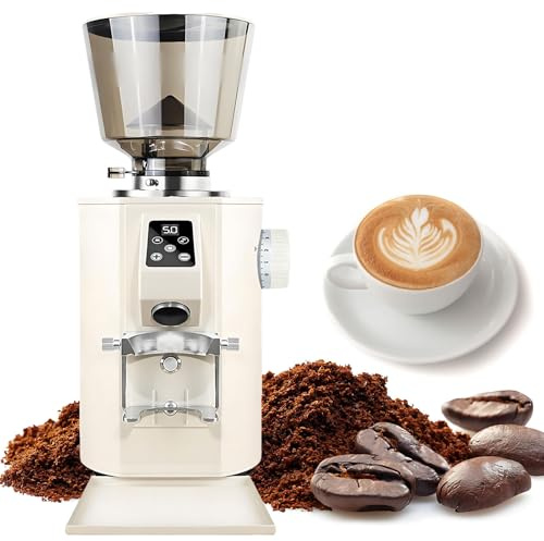 Moulin Cafe Professionnel, Coffee Grinder, Moulin à Café électrique à Meules Plates avec 9 Réglages, écran LED, Double Dosage, Moulin à Expresso avec Grande Trémie De 450g Beige