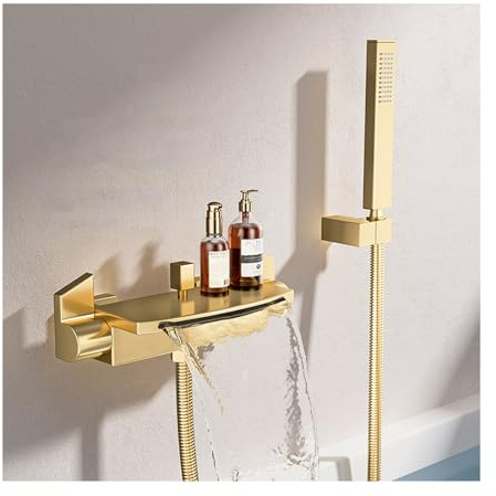 SWHC Badewannenarmatur mit Handbrause, Wasserfall Wasserhahn Badewanne Wandhalterung Wannenarmatur Messing Mischbatterie Dusche Badewanne Doppelgriffe Duscharmatur Aufputz