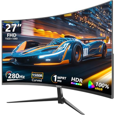 VJCSTAR 27-Inch Curved Gaming Monitor, 280Hz, Full HD 1080p, 1ms | The 1500R curved VA display combines Adaptive Sync, 4000:1 contrast, 100% sRGB, a frameless design and eye-care features.