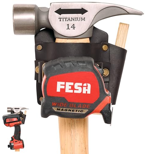 FESA Leather Tape Measure Holder - Measuring Tape or Drill Holder for Tool Belt with Steel Clip, Pencil Pocket & Heavy Duty Rivets - 2 Ways to Attach - Fits Any Belt - Handcrafted