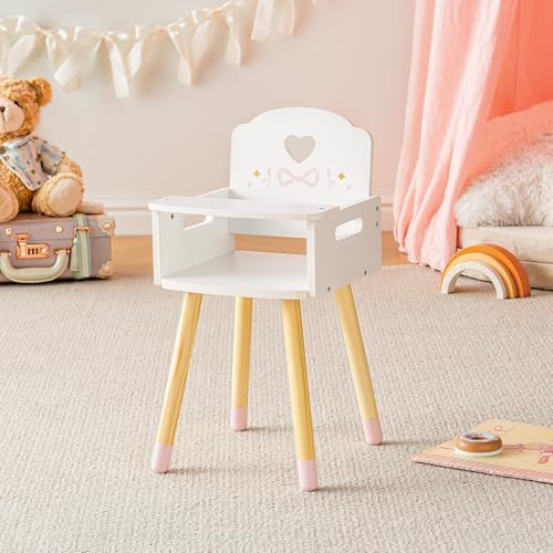 ROBUD Trona para muñecas de madera con bandeja extraíble, decoración de corazón y lazo, muebles para muñecas de menos de 45 cm, juguete para niñas a partir de 3 años, color blanco