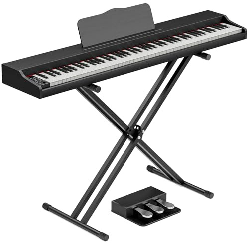 88 Key Digital Piano Keyboard with Full Size Semi-Weighted Keys, X-Style Keyboard Piano Stand & 3-Pedal Unit, Portable Electronic Keyboard for Beginners to Professionals with Headphone & MP3