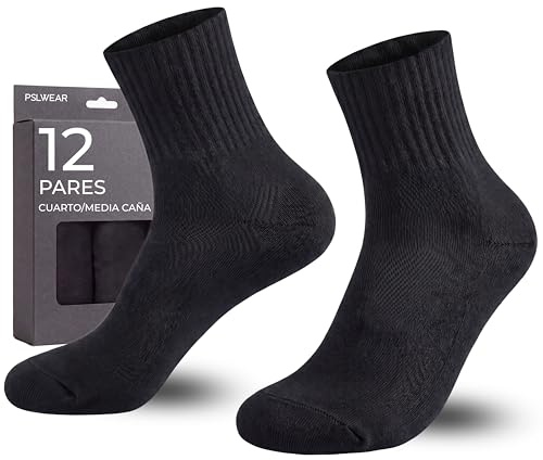 PSL WEAR 12 Pares | Calcetines Deportivos Negros Hombre | Calcetines Media Caña Algodon para Verano, Crossfit, Futbol, Gimnasio, Running y Uso Diario