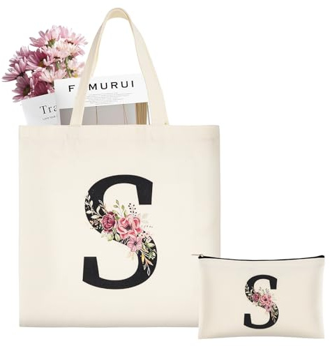 ABOHU Initial Canvas Tote Bag, Personalized Present Bag | Premium Cotton Tote Bags with Floral Makeup Bag for Wedding, Birthday, Beach, Holiday, Mom, Teacher, Friends, Bridesmaids