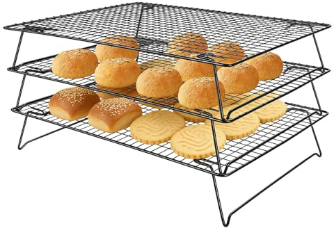 3 Tier Non-Stick Cooling Rack, 42.8x28cm Stackable Cake Cooling Rack | Space Saving Collapsible Oven Racks, Baking Tools & Accessories, Durable Metal Wire Black Tray for Bread, Cookies, Muffins