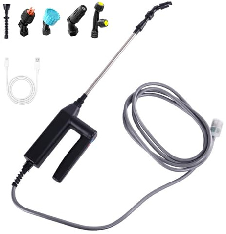 Akku Drucksprüher Elektrisch mit Teleskop-Sprühstab, 5m Schlauch, 5 Düsen, 3 Sprühstufen & LED-Anzeige, 7.4V Wiederaufladbarer Elektrischer Pflanzensprüher für Garten, Rasen, Terrasse und Reinigung
