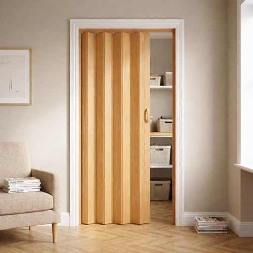 NOVECRAFTO PVC Folding Door, 32 x 80 in – Smooth Glide, Magnetic Closure, Moisture-Resistant, Easy Installation, Space-Saving – Wood Effect Concertina Accordion Sliding Door (Brown Oak)