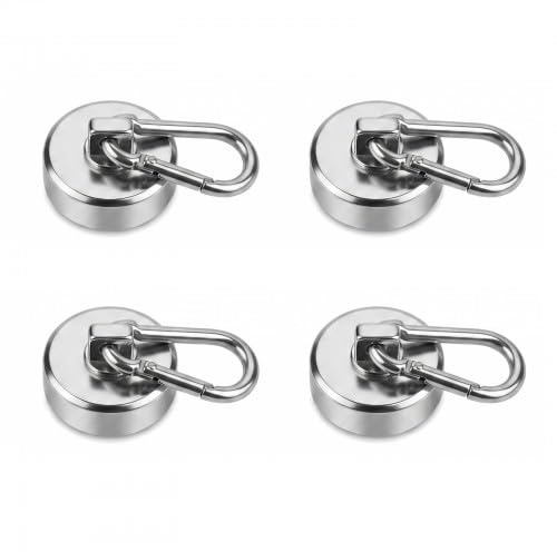 Merzio 4pcs Magnetic Hooks Heavy Duty, Extra Strong Neodymium 42KG(92LBS) Magnet Hooks with Carabiner, Multi-Purpose Swivel Cruise Hooks for Cabins Kitchen Garage and Office Wall Hanging
