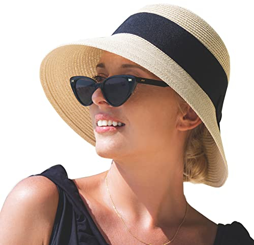 SIGGI Stroh Sommerhut mit Sonnen Shade für Damen schlaffer Strand Sonnenhut Breite Krempe, 69087_Beige, M