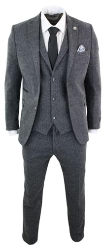Mens Grey Black 3 Piece Tweed Suit Herringbone Wool Vintage Retro