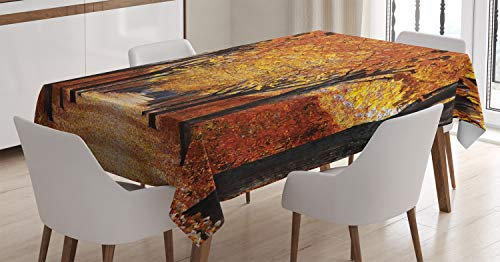 ABAKUHAUS L'Automne Nappe, Sentier Aux Bois Recouvert Feuilles D'Arbres Caduques Séchées Romantique d'automne, Imprimé personnalisé avec des Couleurs claires Lavable Imperméable, 140 x 200 cm, Orange