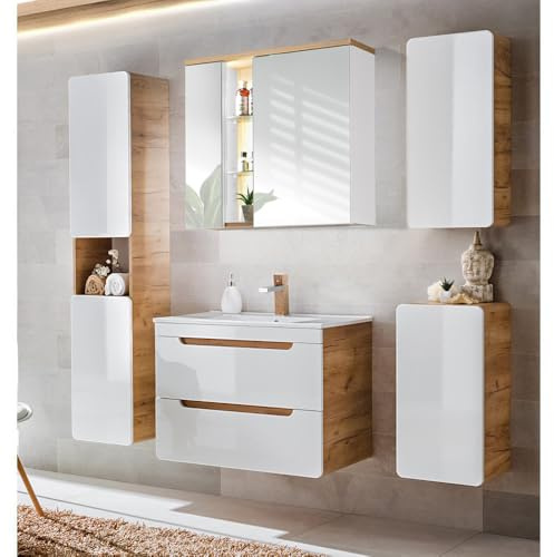 Lomadox Komplett Badmöbel Set mit Waschtischunterschrank und 80 cm Keramik Waschtisch, Hochglanz weiß mit Wotan Eiche Nb., Hochschrank, Hängeschrank, Unterschrank und LED-Spiegelschrank
