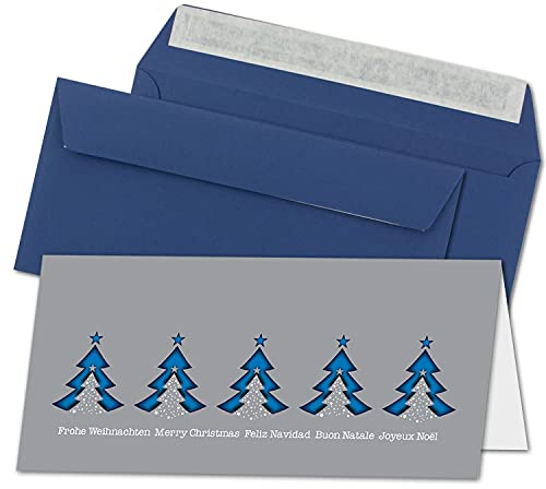 NEUSER PAPIER 100x Weihnachtskarten-Set DIN Lang in Grau mit blauen Tannenbäumen und Text - Faltkarten mit Umschlägen DIN Lang Dunkelblau mit Haftklebung - Weihnachtsgrüße für Firmen und Privat