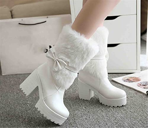 JFISQ Bottes De Neige À Tige Courte Pour Femmes Chaussures D'hiver Doublées En Peluche En Plein Air À Talons Hauts Bottines Femmes Chaudes En Cuir PU Bottines,Blanc,40