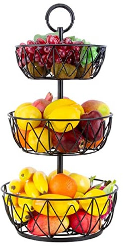 JUNYFFF Frutero De 3 Pisos, Frutero Negro Decorativo,Desmontable Metal Cesta Fruta,Expositor Multifunción para Cocina, Baño, 63.5 X 33 X 28 X 25Cm