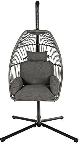 Azuma Rimini Hanging Egg Chair with Stand Rattan Garden Swing Seat with Grey Cushions, Foldable Design, Water-Resistant Cover, Steel Frame, 120kg Max Load, Outdoor Patio Furniture, 2-Year Guarantee