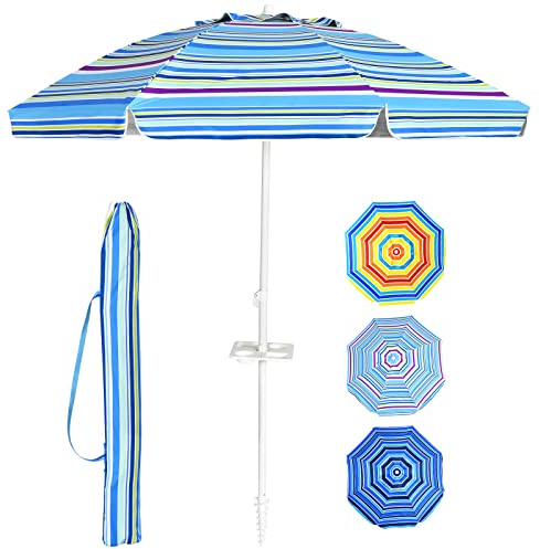 RELAX4LIFE Sonnenschirm Strand, 30° knickbar, Strandschirm Windfest Stabil, Ø220cm Rund Gartenschirm, Terrassenschirm mit Getränkehalter & Bodenhülse & Schutzhülle, Balkonschirm Sonnenschutz(Hellblau)