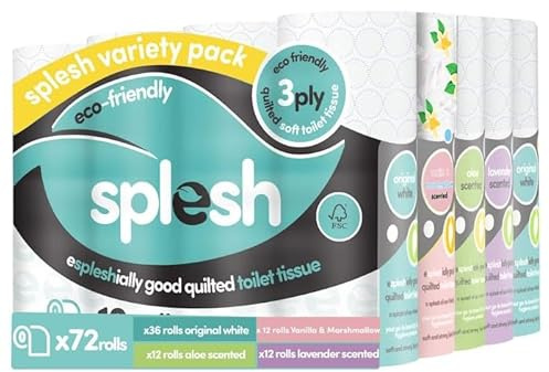Splesh Variety Pack - 72 Toilet Rolls with a Difference - 3X Packs Original White, 1x Pack Vanilla & Marshmallow, 1x Pack Aloe Vera& 1x Pack Lavender Fragrance