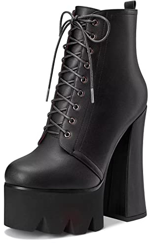 HDEUOLM Femmes Bloc Chunky Haut High Plate-forme Talon Heel Rond Bout Bottines Lacets Fermeture à Glissière Classique Chaussures