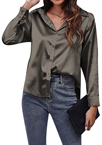 OMZIN Mujeres Camisa Seda Raso Primavera Boton Casual Suelta Tops Manga Larga Cuello En V Camisa Oficina Gris Oscuro XL