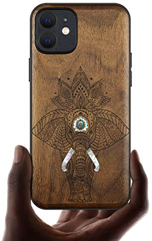 Carveit Coque magnétique pour iPhone 12 Étui Luxe [Gravure en Bois et Incrustation de Coquille] Compatible avec 12 Magsafe Artistique Coque (Noyer-Éléphant)