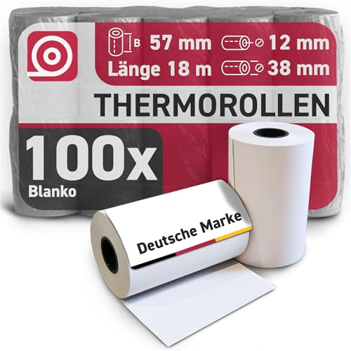 Gebongt24 Thermorollen 57 mm x 18 m x 12 mm mit 48g/m² – hochwertige Bonrollen aus BPA-freiem Thermopapier – 100 Kassenrollen mit ⌀ 36 mm – für EC-Cash & Kassenbondrucker