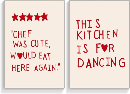 2 Stück lustige Küche Leinwand Wandkunst Trendy Rot Minimalistische Sterne Herz Bild Ästhetische Poster Zitate Chef Was Cute This kitchen is for dancing Prints Wall Decor ungerahmt (30,5 x 40,6 cm x 2