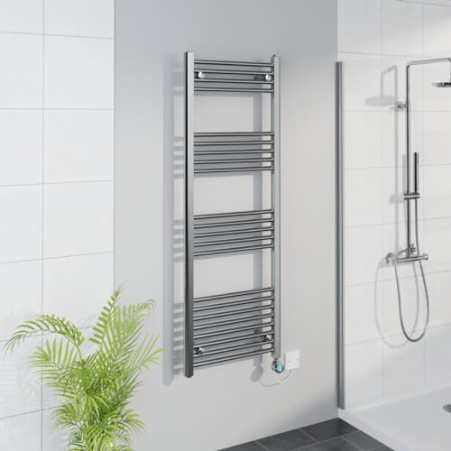 Warmehaus WiFi Electric Bathroom Straight Radiator Timer 1400x500mm Chrome | Thermostatic, Smart LCD Display, Child Lock, T Piece, Prefilled, Electric Heated Towel Rail Warmer, Energy Efficient